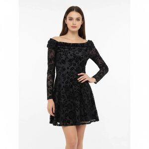 Mini Dress XS Black Velvet Floral Off Shoulder Flocked Burnout Party Whimsigoth